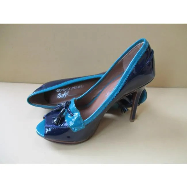 Donald J Pliner Navy Teal Patent Tassel Bow Peep Toe Pumps Size Us