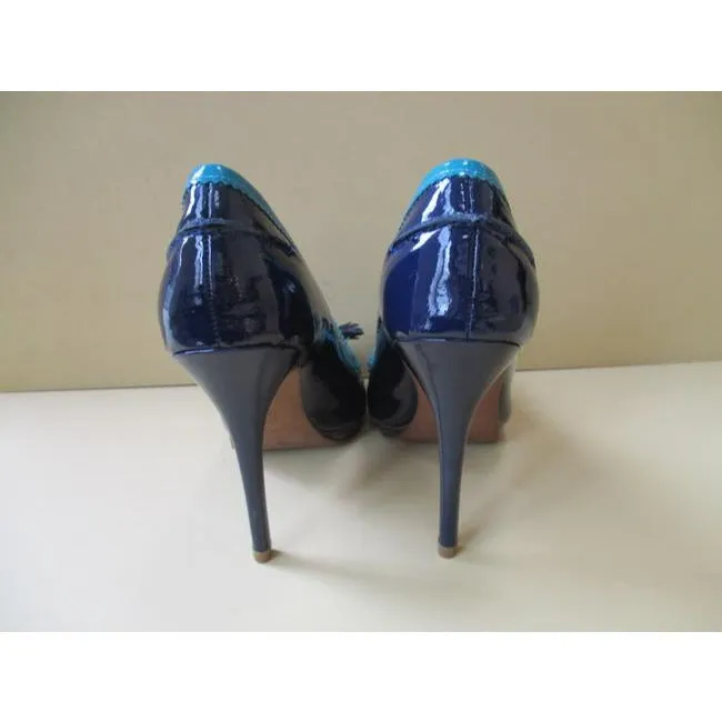 Donald J Pliner Navy Teal Patent Tassel Bow Peep Toe Pumps Size Us