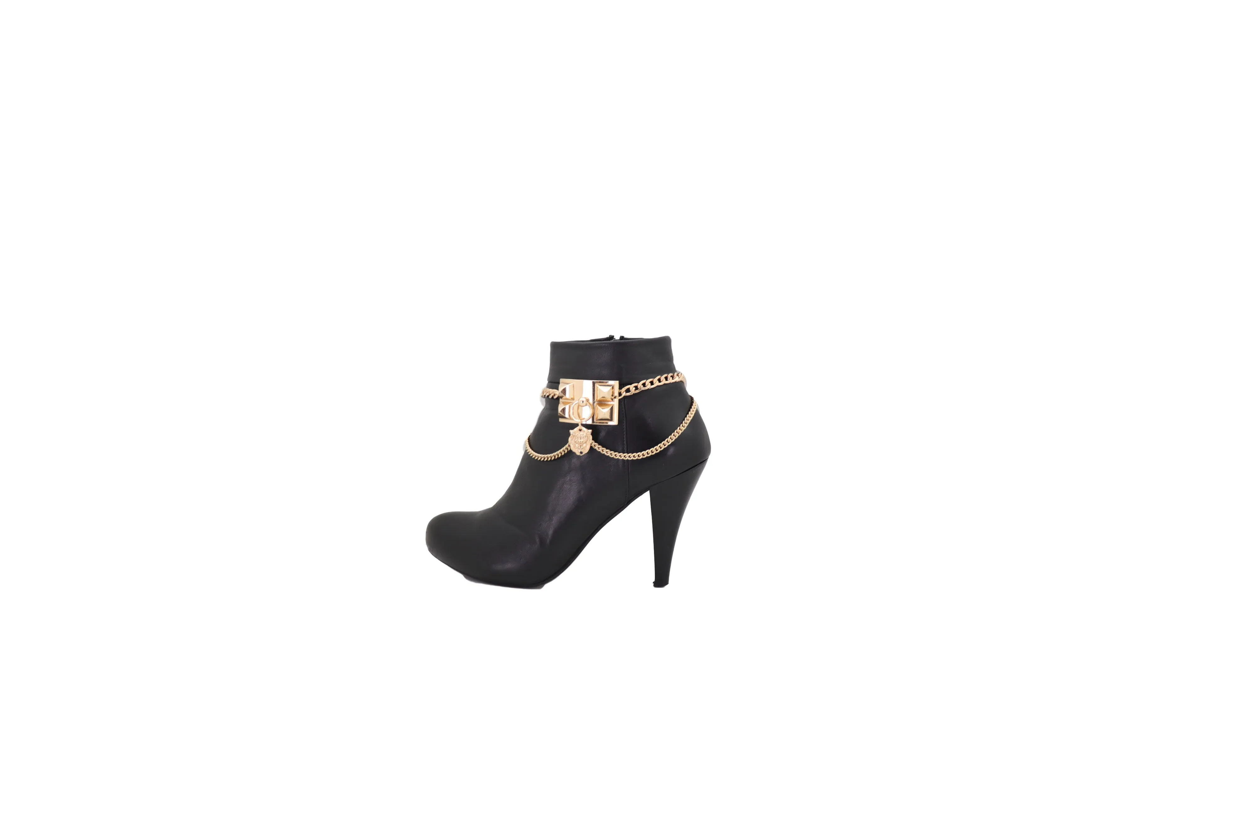Gold Metal Chain Boot Bracelet Shoe Spikes Lion Charm Side Waves