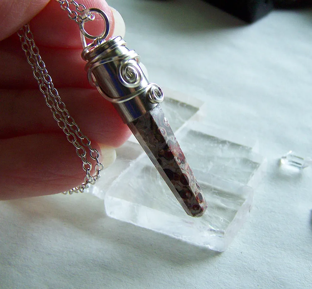 Leopard Skin Jasper Natural Stone Wire Wrapped Bullet Pendant