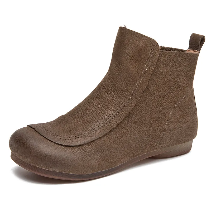Retro Leather Short Boots For Women Soft Ankle Boots Round Toe Flat Shoes in Coffee/Grey