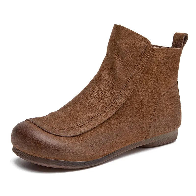 Retro Leather Short Boots For Women Soft Ankle Boots Round Toe Flat Shoes in Coffee/Grey