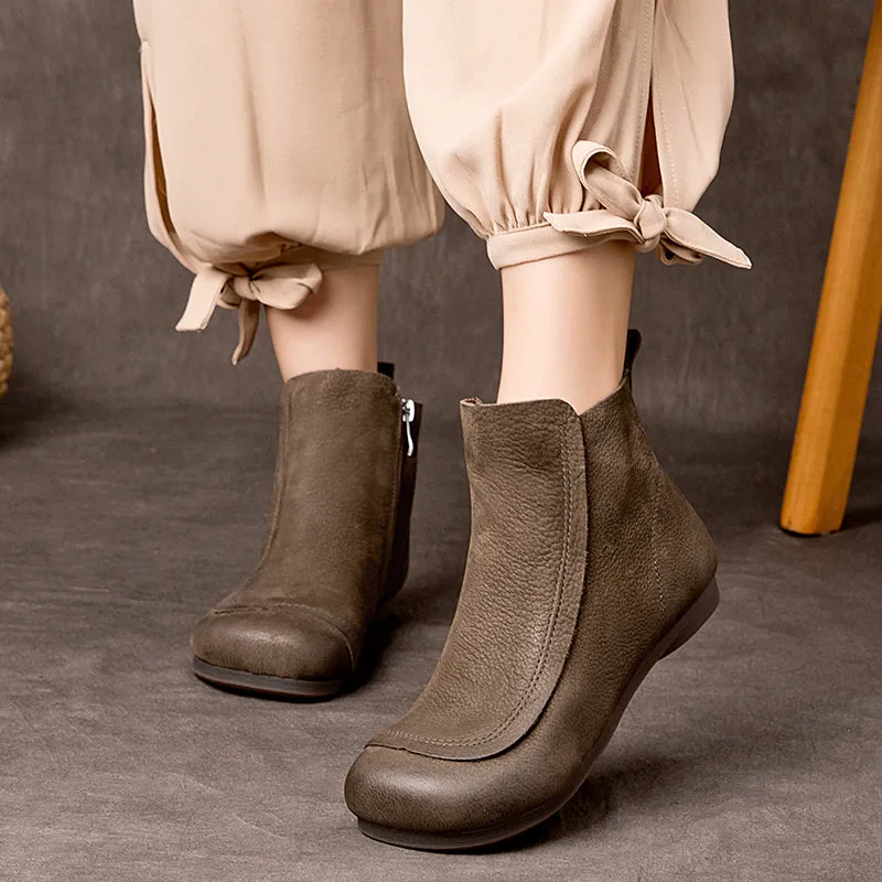 Retro Leather Short Boots For Women Soft Ankle Boots Round Toe Flat Shoes in Coffee/Grey