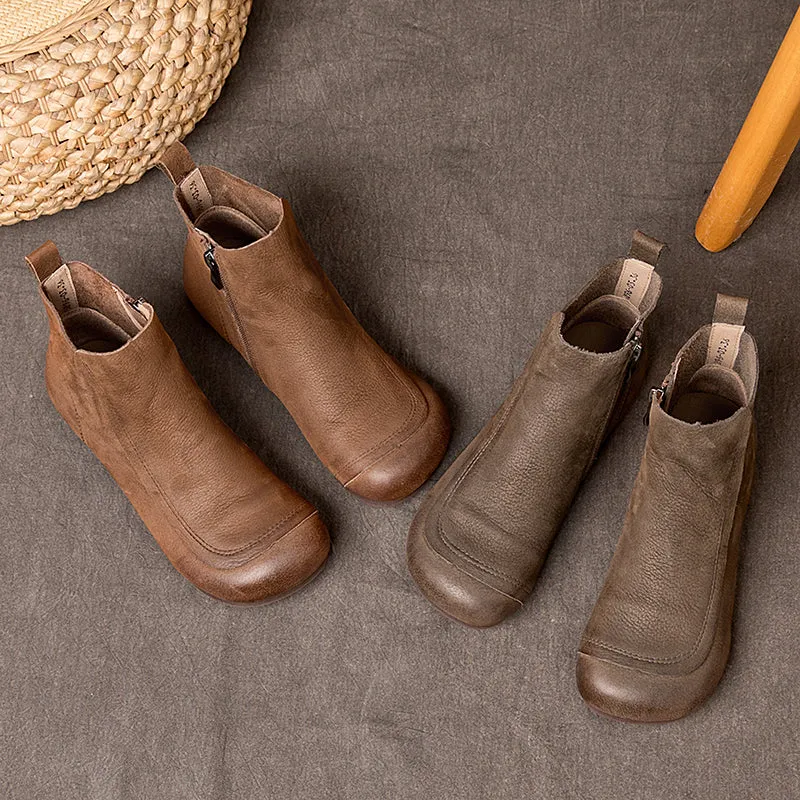 Retro Leather Short Boots For Women Soft Ankle Boots Round Toe Flat Shoes in Coffee/Grey