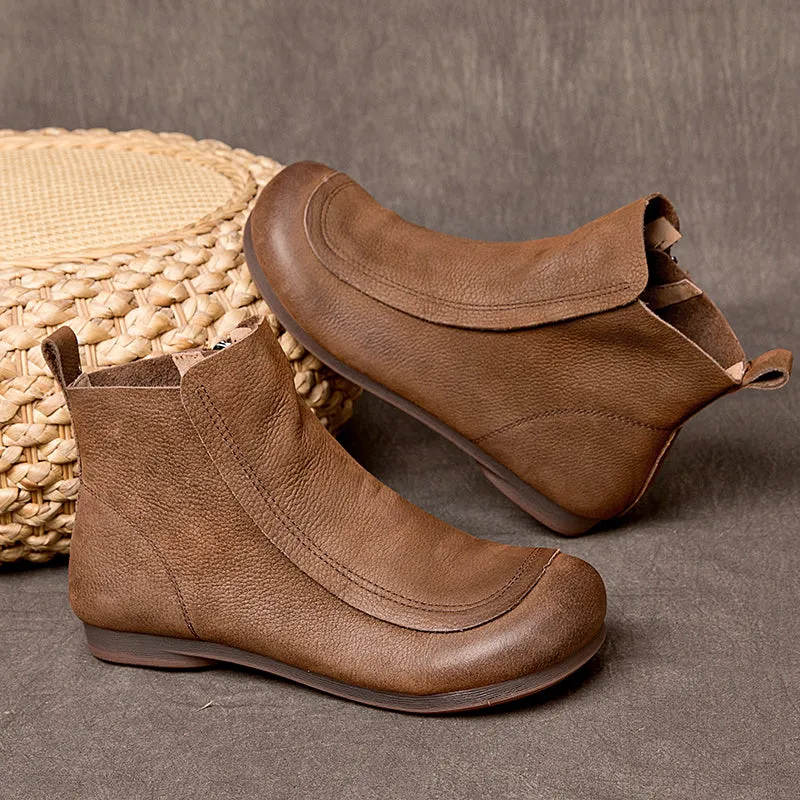 Retro Leather Short Boots For Women Soft Ankle Boots Round Toe Flat Shoes in Coffee/Grey