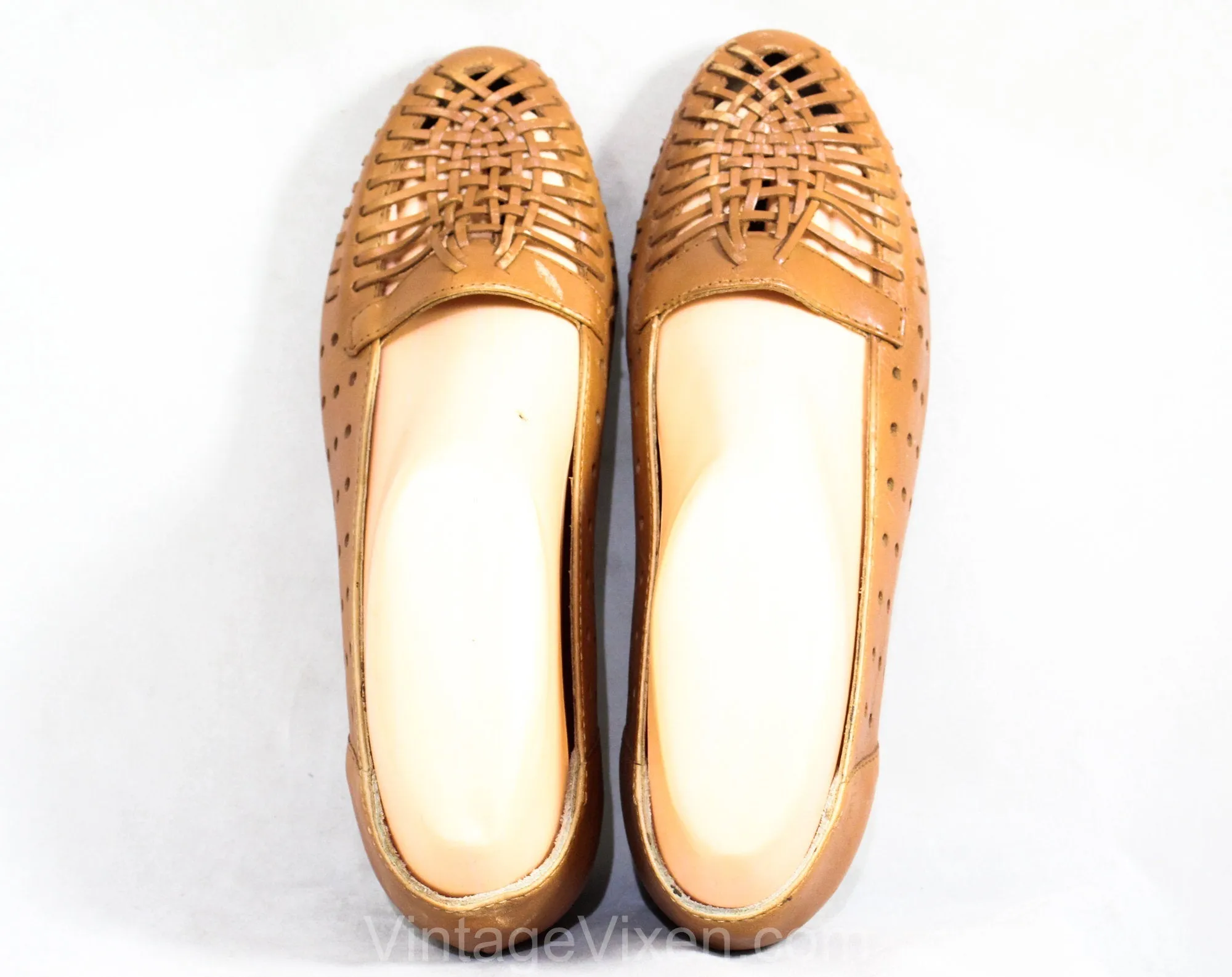 Size 6.5 Leather Shoes - Cute Tan Huarache Style Design - 1990s Light Brown Boho Flats with Woven Trim - Made in USA - 90s Deadstock 6 1/2 M