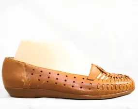 Size 6.5 Leather Shoes - Cute Tan Huarache Style Design - 1990s Light Brown Boho Flats with Woven Trim - Made in USA - 90s Deadstock 6 1/2 M