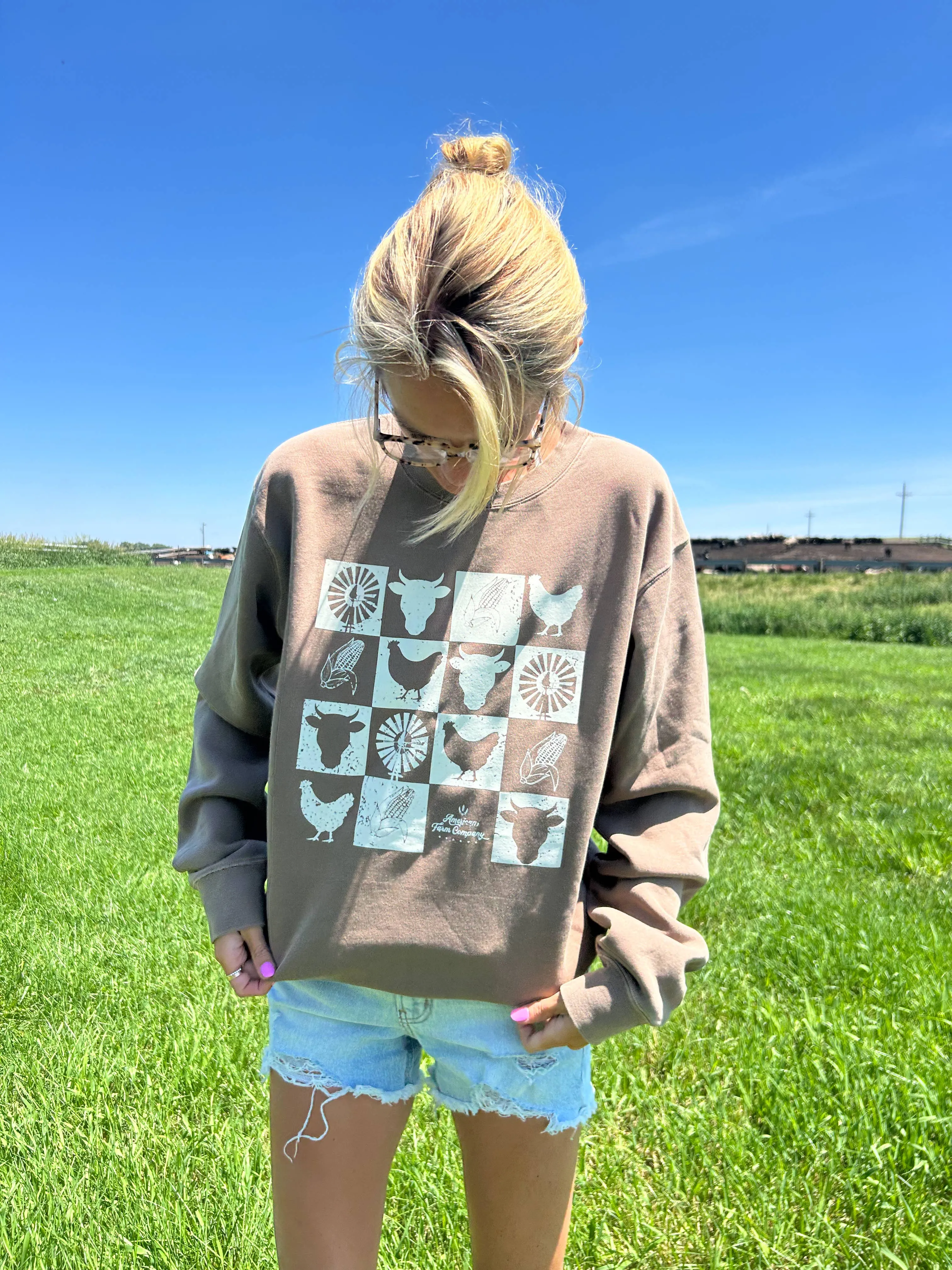Western Farm Checkers Washed Brown Graphic Crew